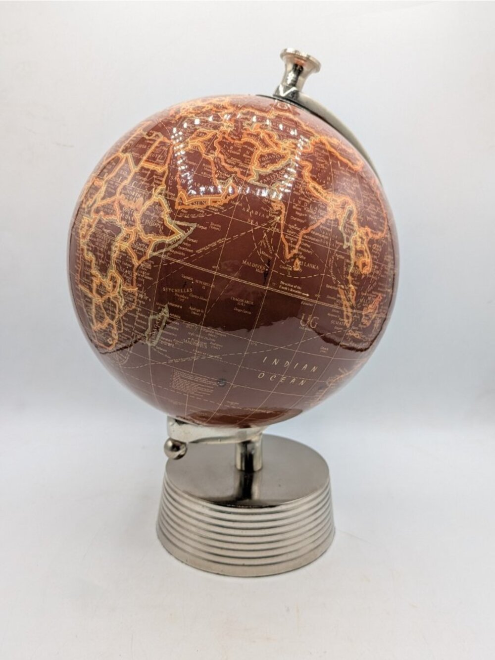 Decorative World Globe Desk Tabletop Browns on Silver Chrome Base 12"